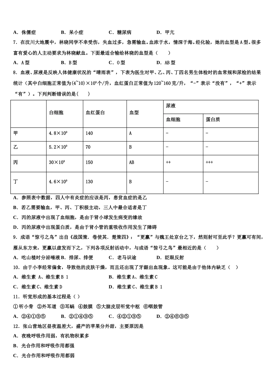浙江省台州市黄岩实验中学2025年生物七下期末复习检测试题含解析_第2页