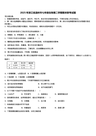2025年浙江省温岭市七年级生物第二学期期末联考试题含解析
