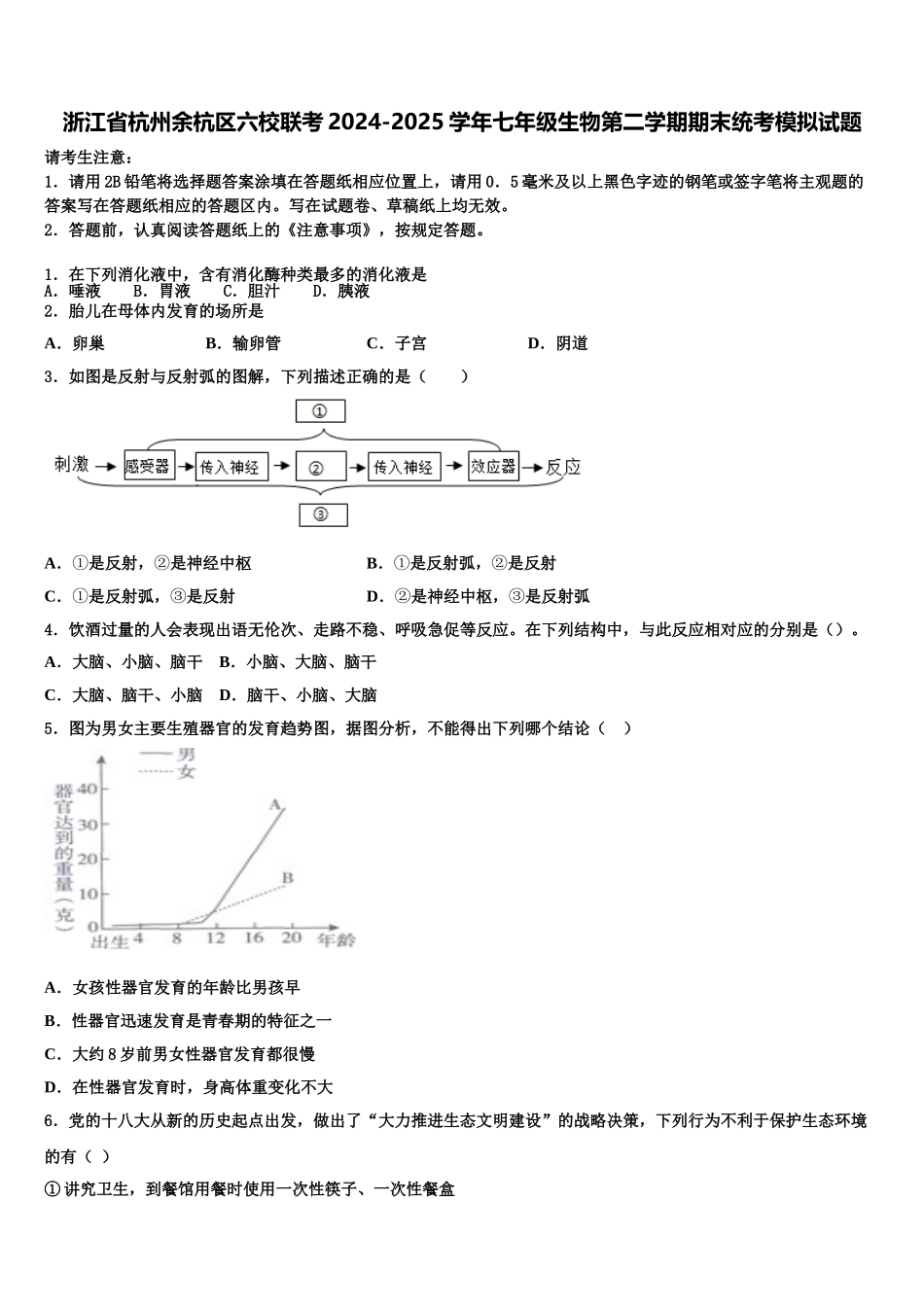 浙江省杭州余杭区六校联考2024-2025学年七年级生物第二学期期末统考模拟试题含解析_第1页