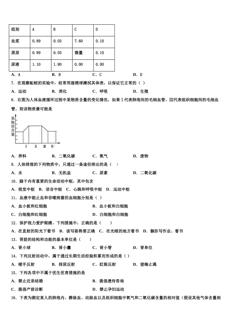 浙江乐清市育英寄宿学校2025届七年级生物第二学期期末检测模拟试题含解析_第2页