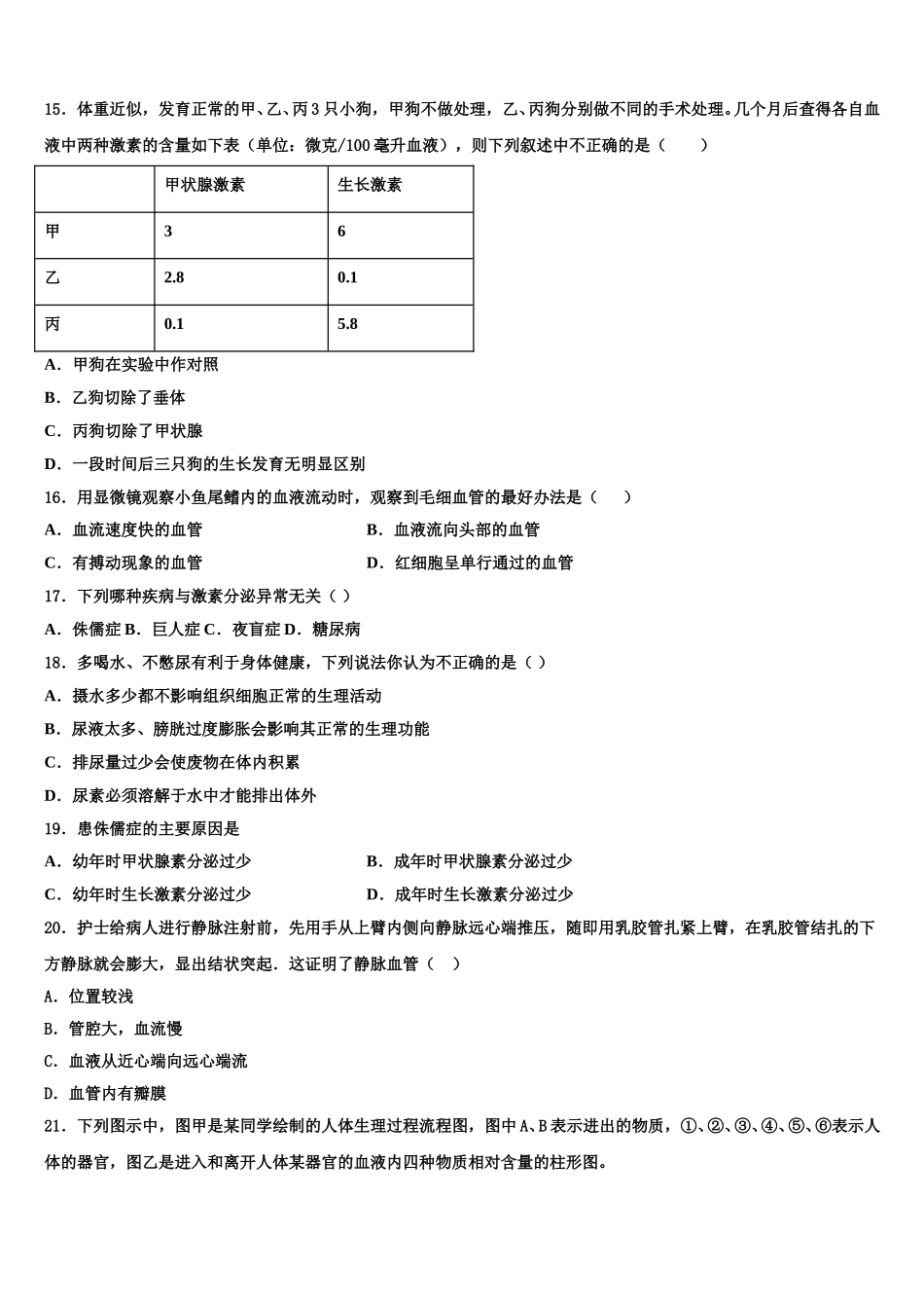 2025届浙江省杭州市翠苑中学生物七年级第二学期期末综合测试模拟试题含解析_第3页