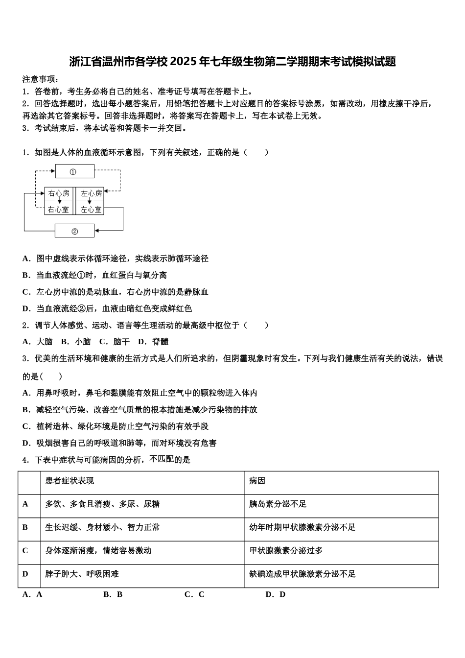 浙江省温州市各学校2025年七年级生物第二学期期末考试模拟试题含解析_第1页