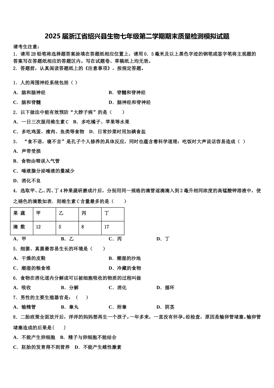 2025届浙江省绍兴县生物七年级第二学期期末质量检测模拟试题含解析_第1页