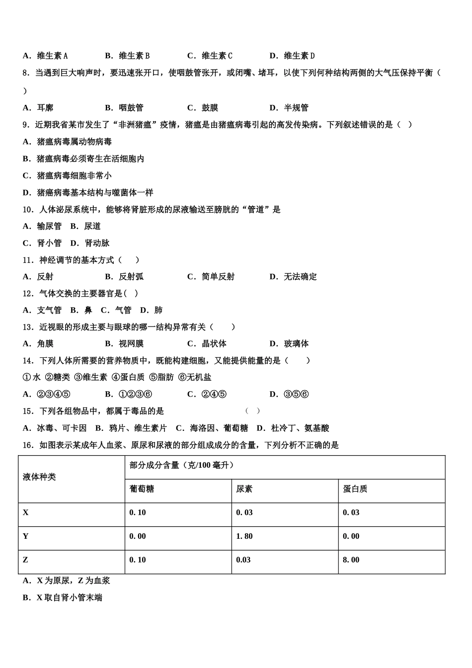 2025年浙江省奉化市溪口中学七下生物期末综合测试模拟试题含解析_第2页