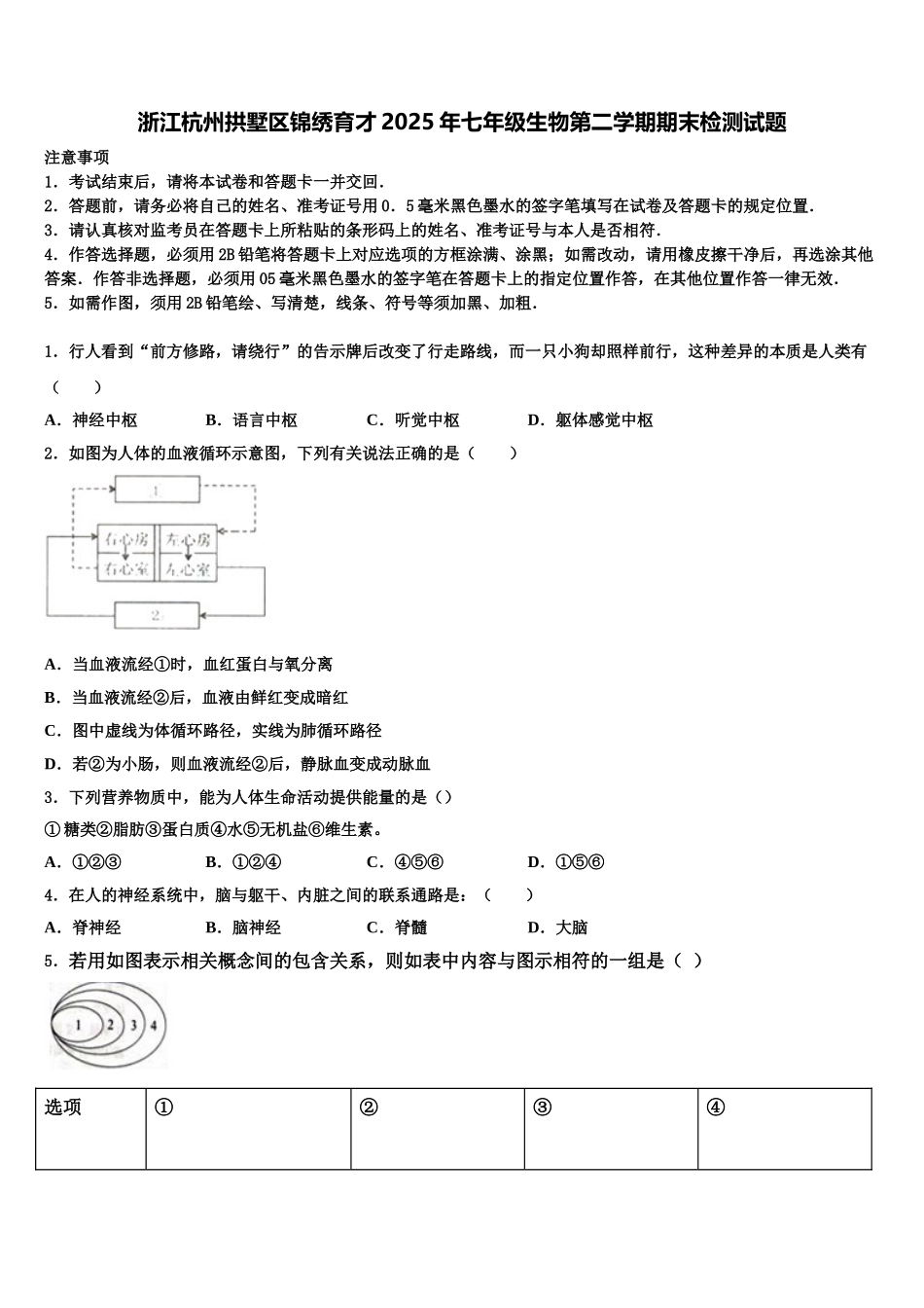 浙江杭州拱墅区锦绣育才2025年七年级生物第二学期期末检测试题含解析_第1页