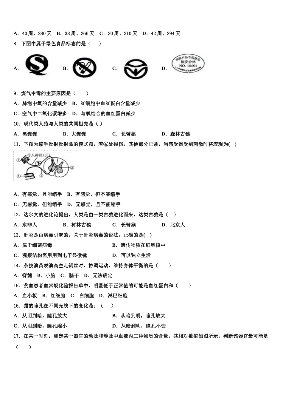 浙江省诸暨市浬浦中学2025年七下生物期末达标检测模拟试题含解析_第2页