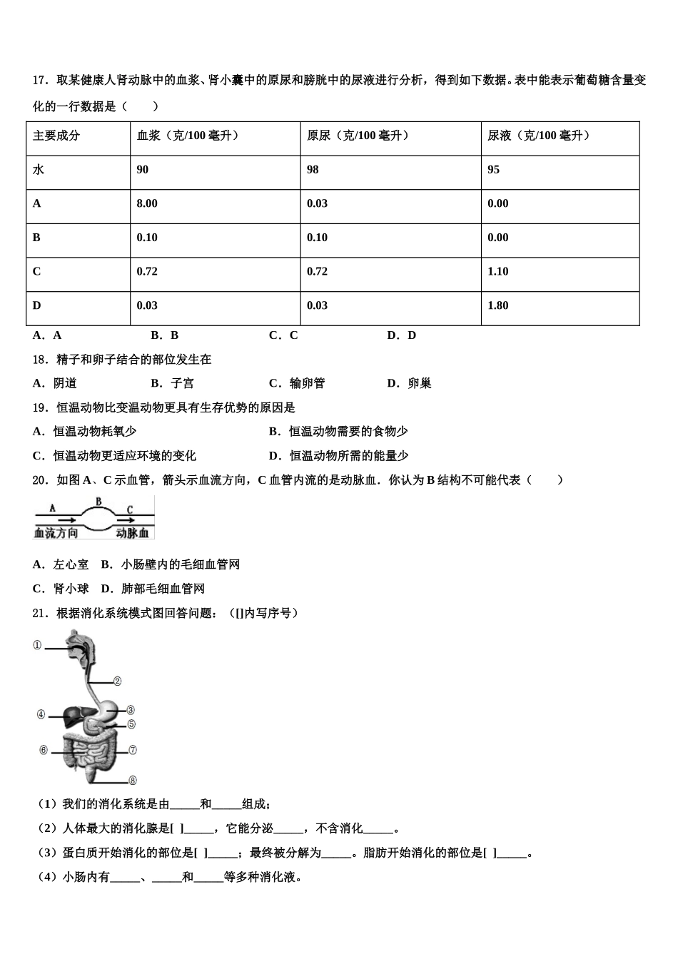 2025届山西省泽州县联考生物七年级第二学期期末统考模拟试题含解析_第3页