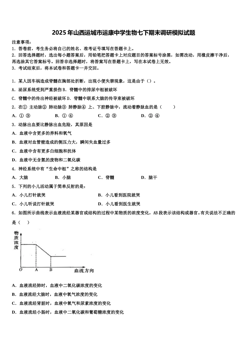 2025年山西运城市运康中学生物七下期末调研模拟试题含解析_第1页