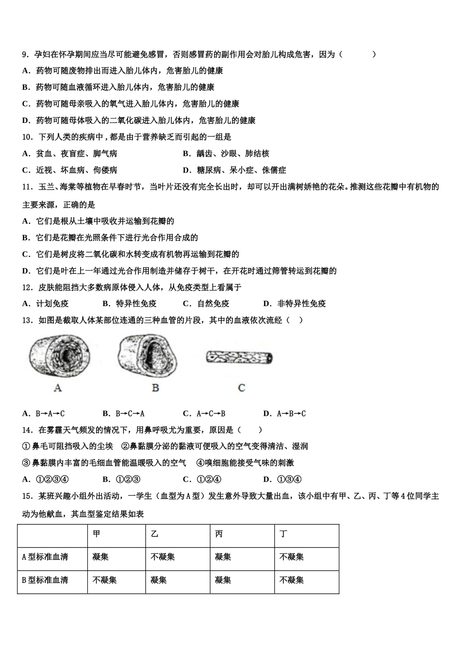 山西省泽州县联考2025年生物七年级第二学期期末检测模拟试题含解析_第2页