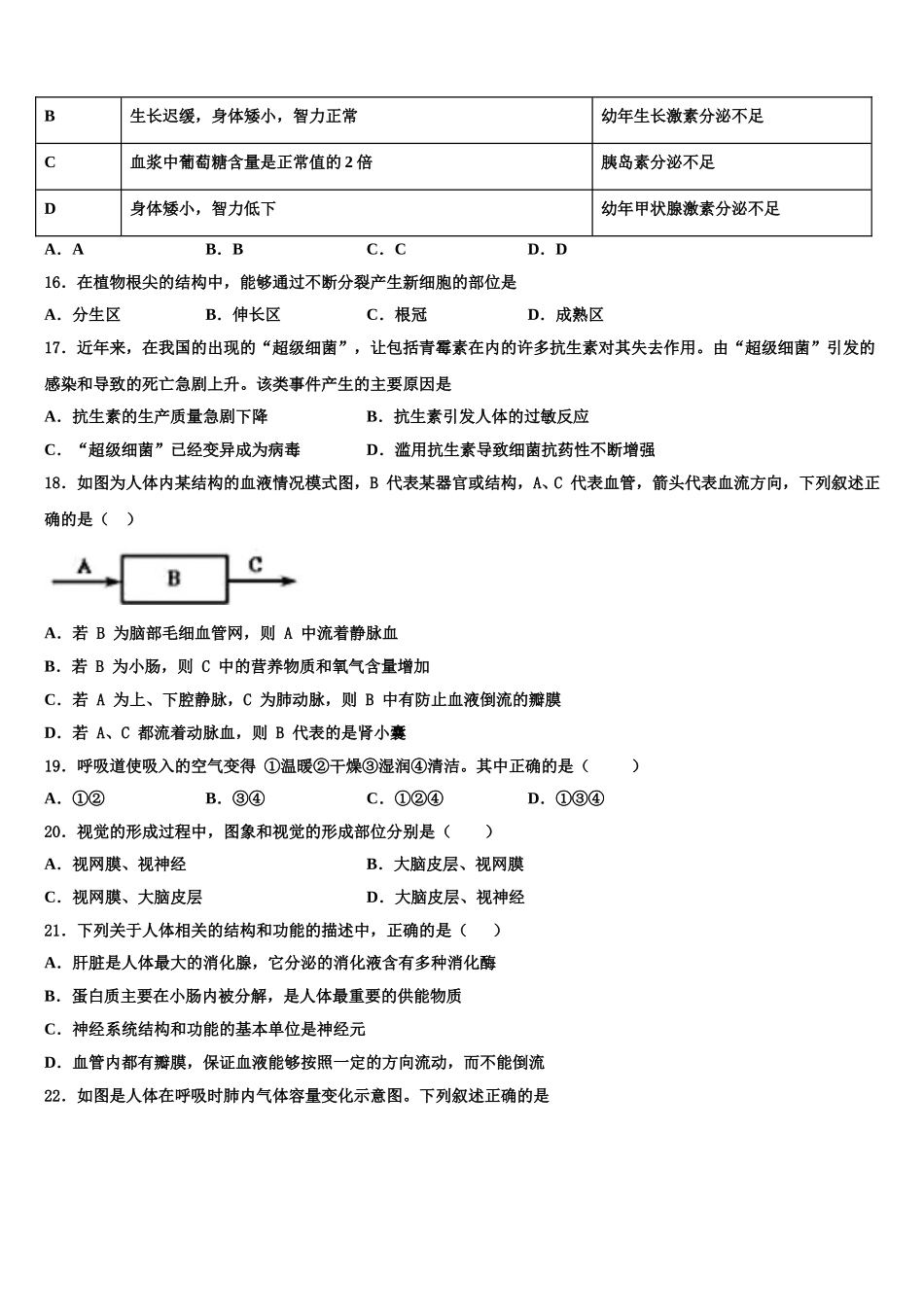 山西省阳泉市城区2025届七年级生物第二学期期末学业水平测试试题含解析_第3页