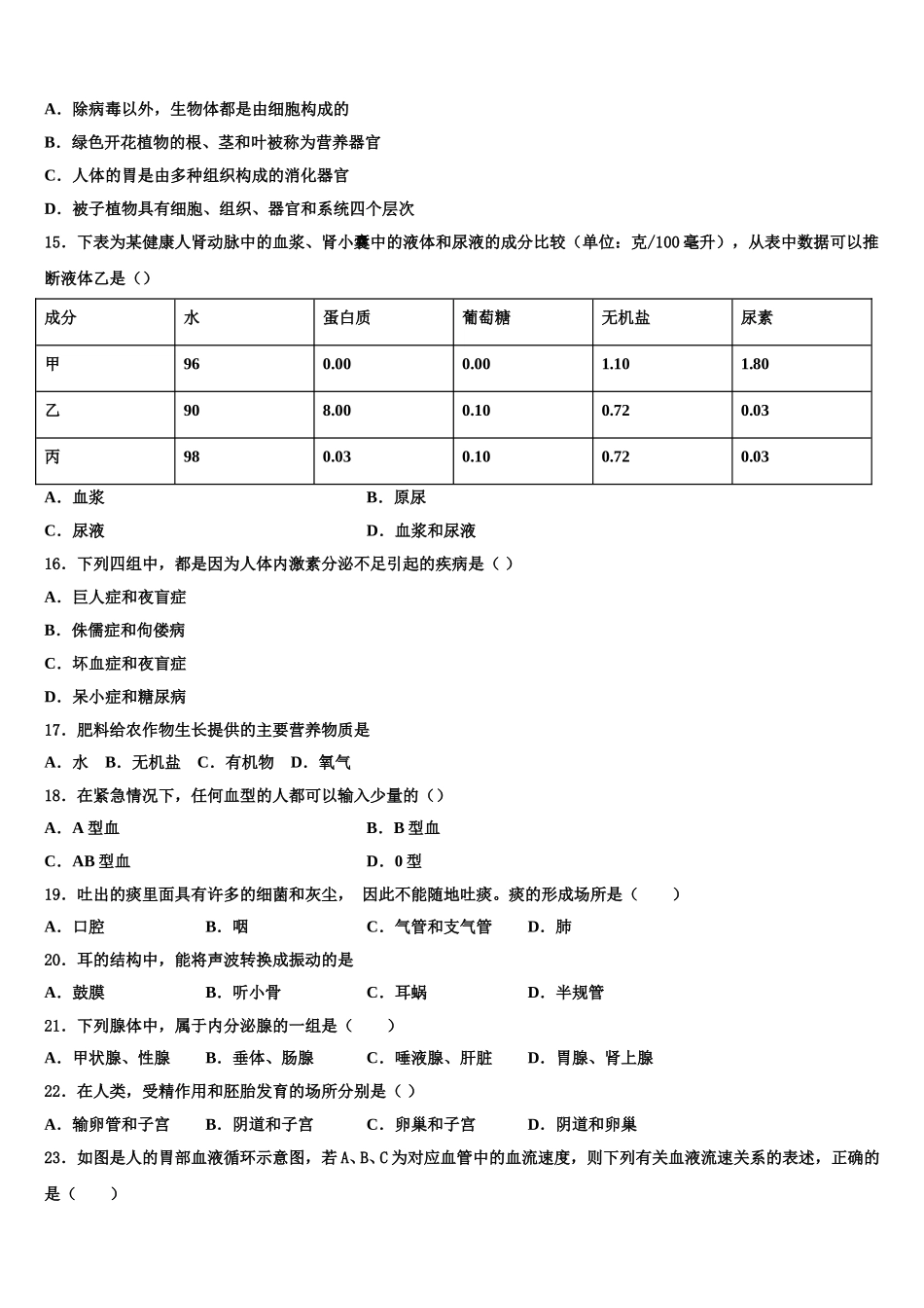2025届山西省临汾市忻州师范院附属外国语中学生物七年级第二学期期末教学质量检测试题含解析_第3页