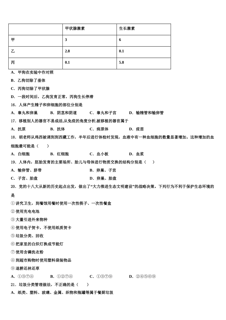 2025年山西省忻州市定襄中学七下生物期末达标检测模拟试题含解析_第3页