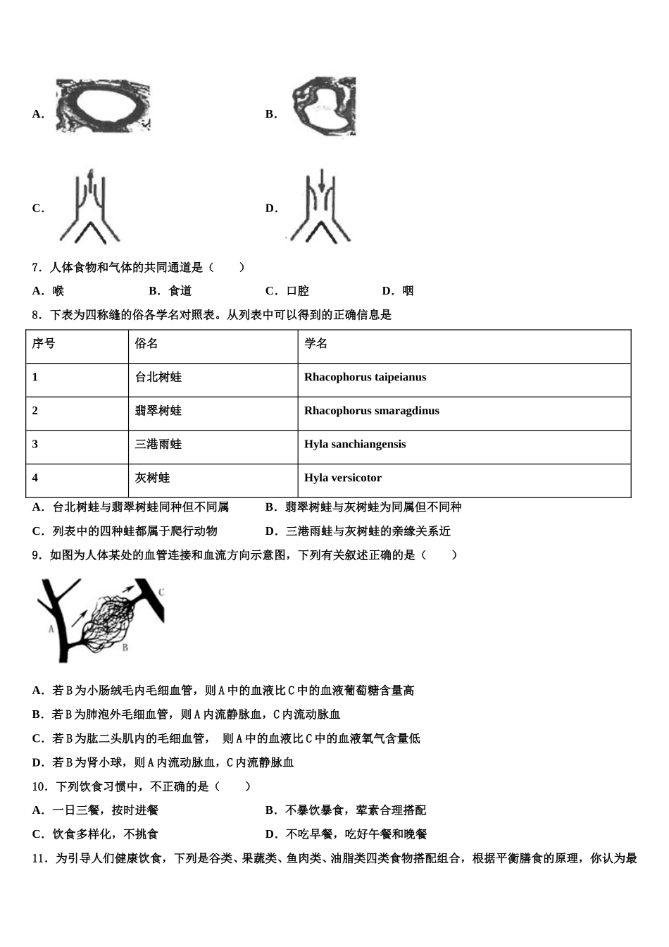 山西省晋中市名校2025届七下生物期末学业质量监测模拟试题含解析_第2页