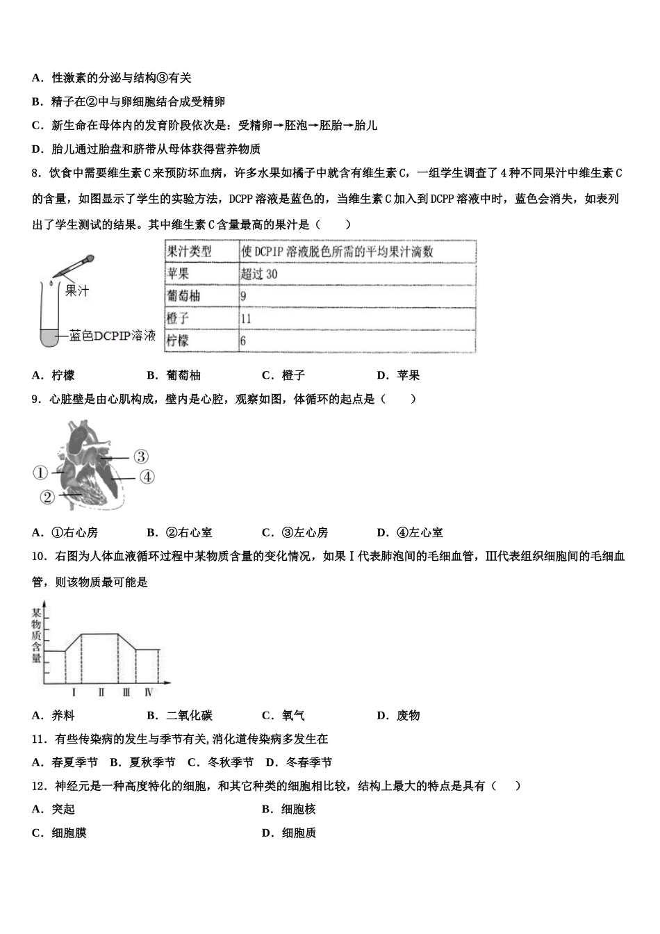 山西省忻州市定襄中学2024-2025学年七下生物期末综合测试试题含解析_第2页