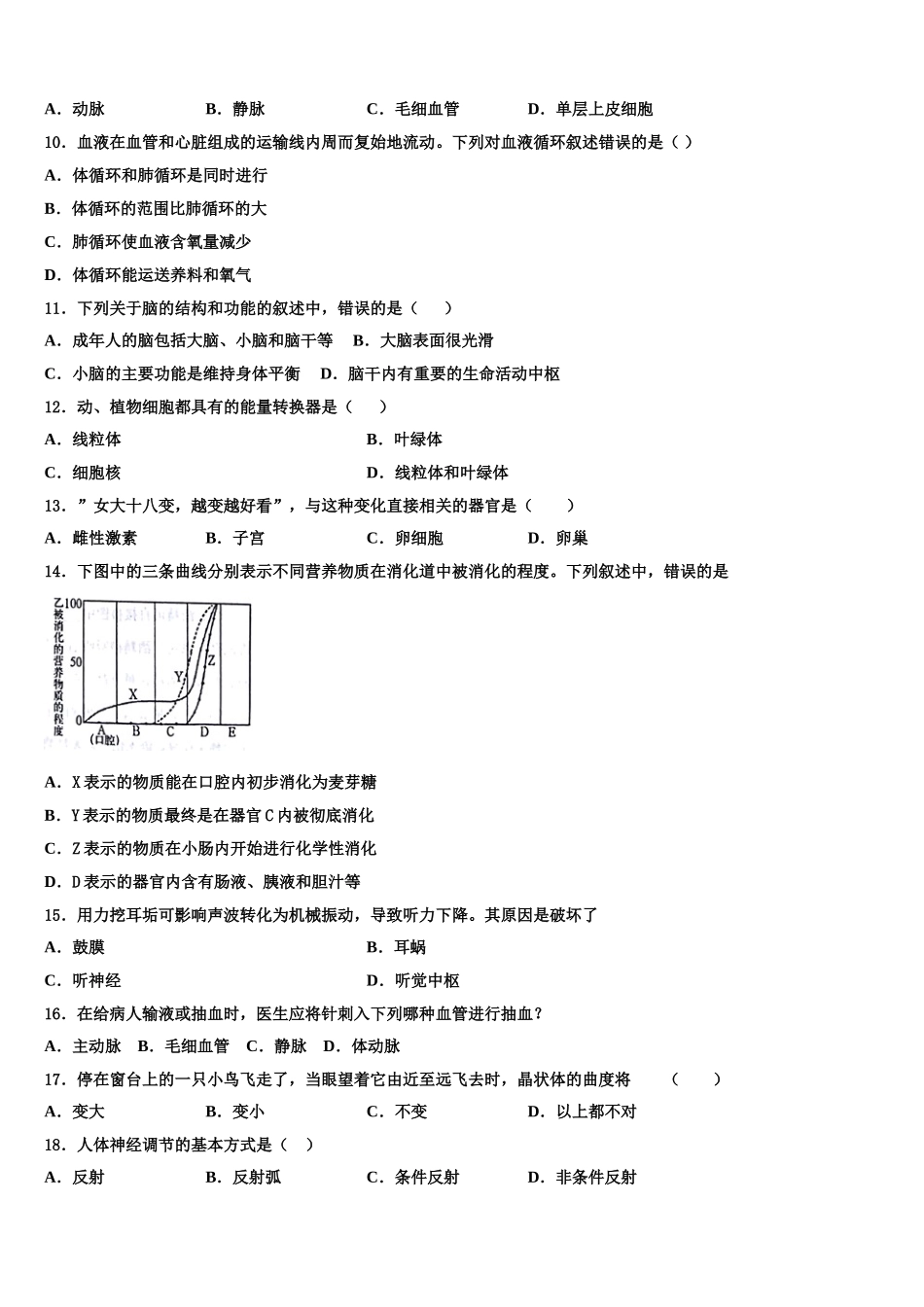 山西省朔州怀仁县联考2024-2025学年七下生物期末复习检测模拟试题含解析_第2页
