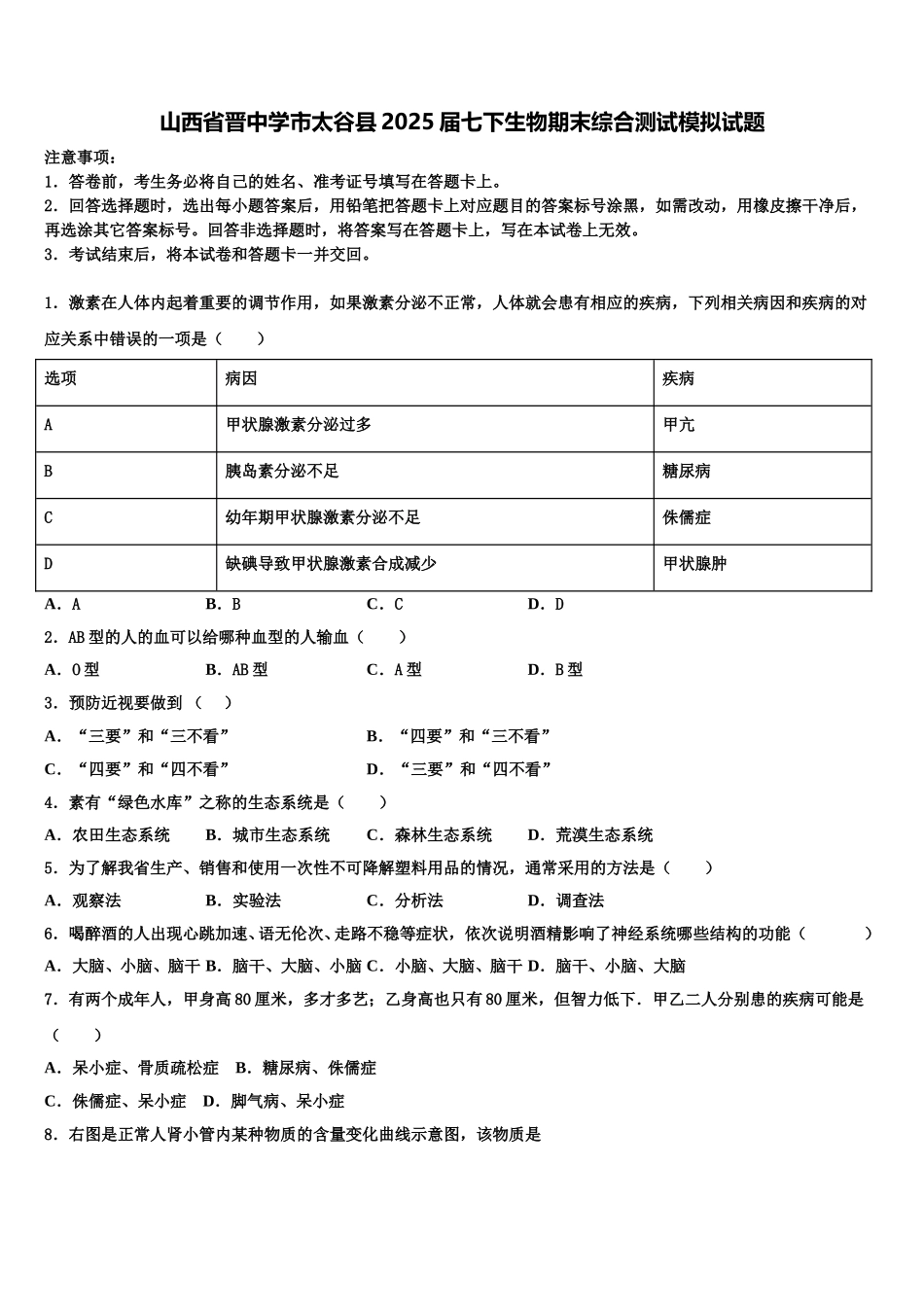 山西省晋中学市太谷县2025届七下生物期末综合测试模拟试题含解析_第1页