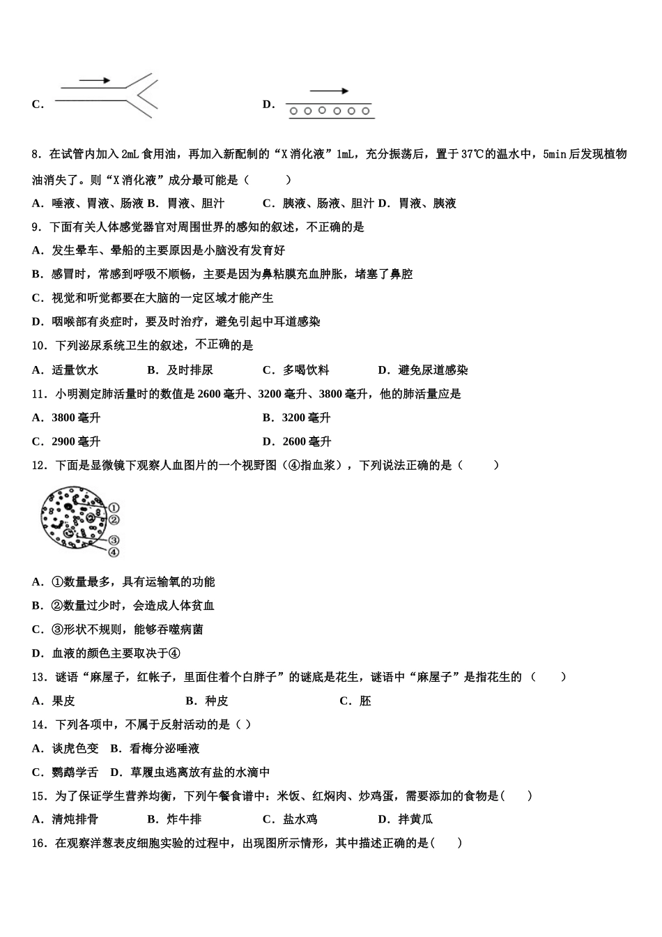 2024-2025学年秦皇岛市重点中学七下生物期末质量检测试题含解析_第2页