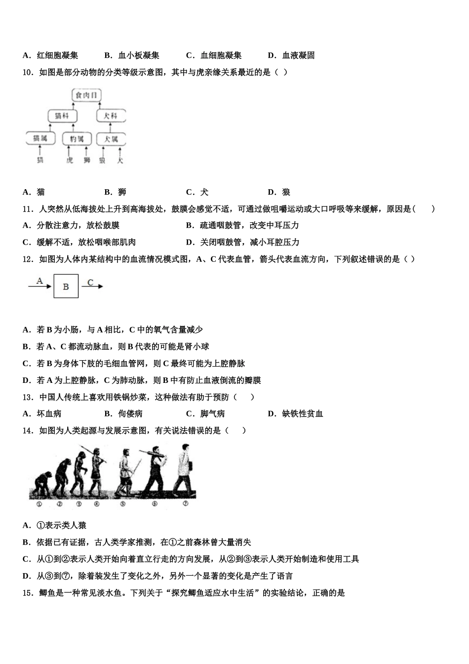 河北省沧州市教育局石油分局2024-2025学年生物七下期末经典试题含解析_第2页