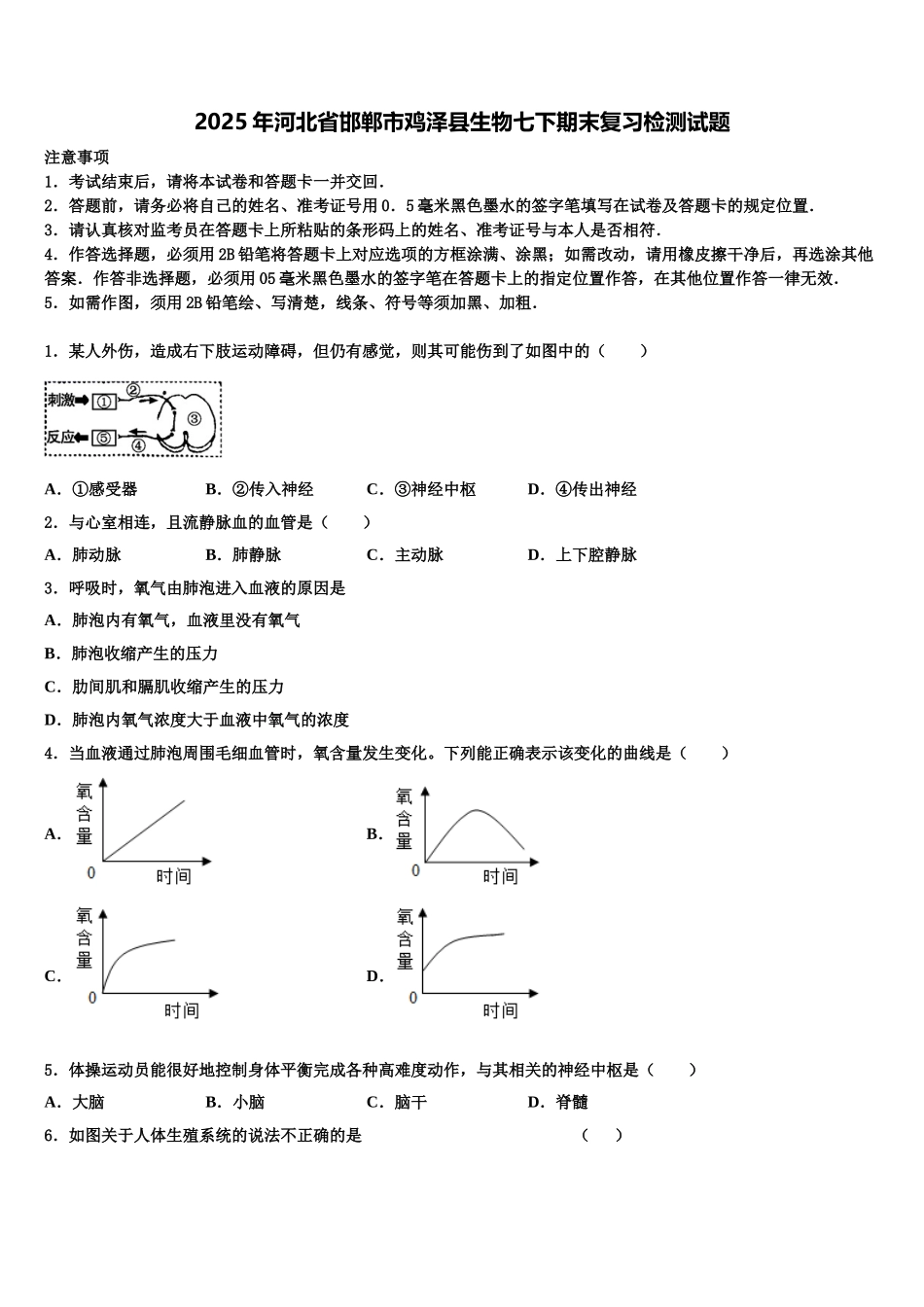 2025年河北省邯郸市鸡泽县生物七下期末复习检测试题含解析_第1页