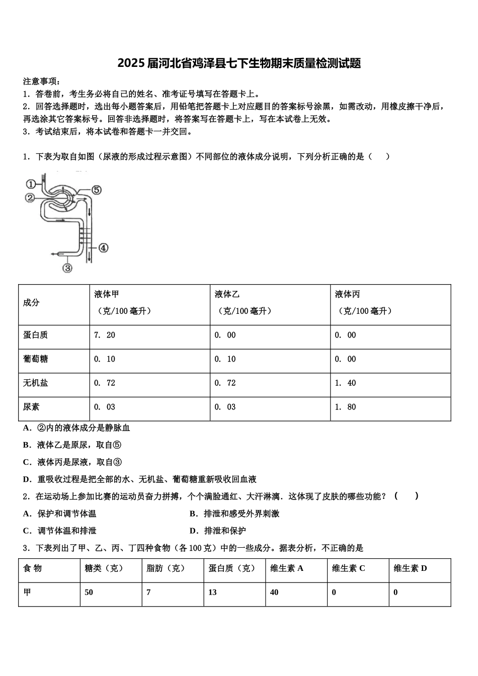 2025届河北省鸡泽县七下生物期末质量检测试题含解析_第1页