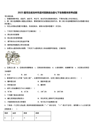 2025届河北省沧州市孟村回族自治县七下生物期末统考试题含解析