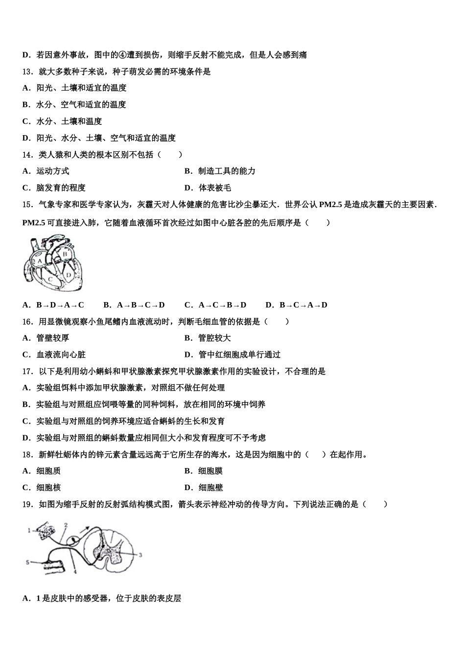河北省邢台市宁晋县东城实验中学2025届七下生物期末检测试题含解析_第3页