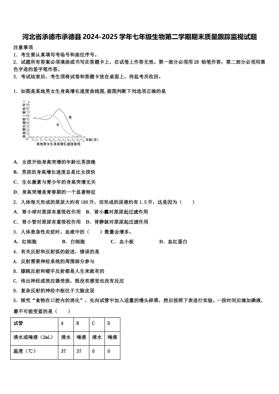 河北省承德市承德县2024-2025学年七年级生物第二学期期末质量跟踪监视试题含解析_第1页