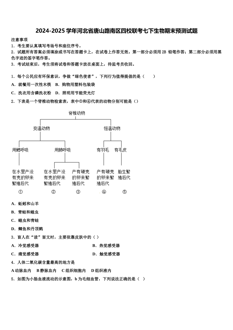 2024-2025学年河北省唐山路南区四校联考七下生物期末预测试题含解析_第1页