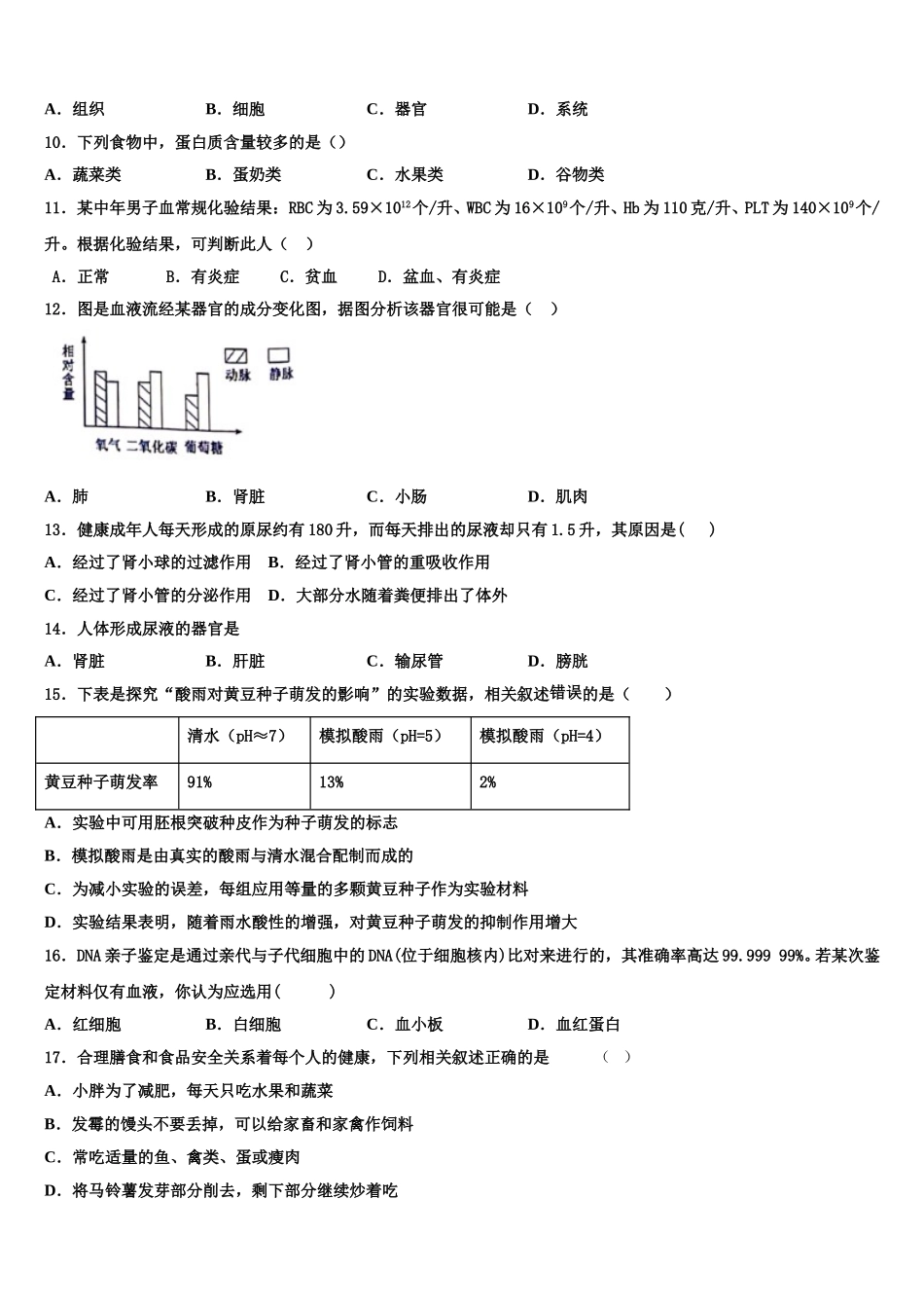 2024-2025学年河南省偃师市七下生物期末质量检测试题含解析_第2页