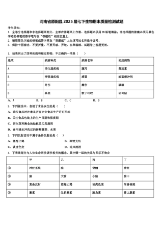 河南省原阳县2025届七下生物期末质量检测试题含解析