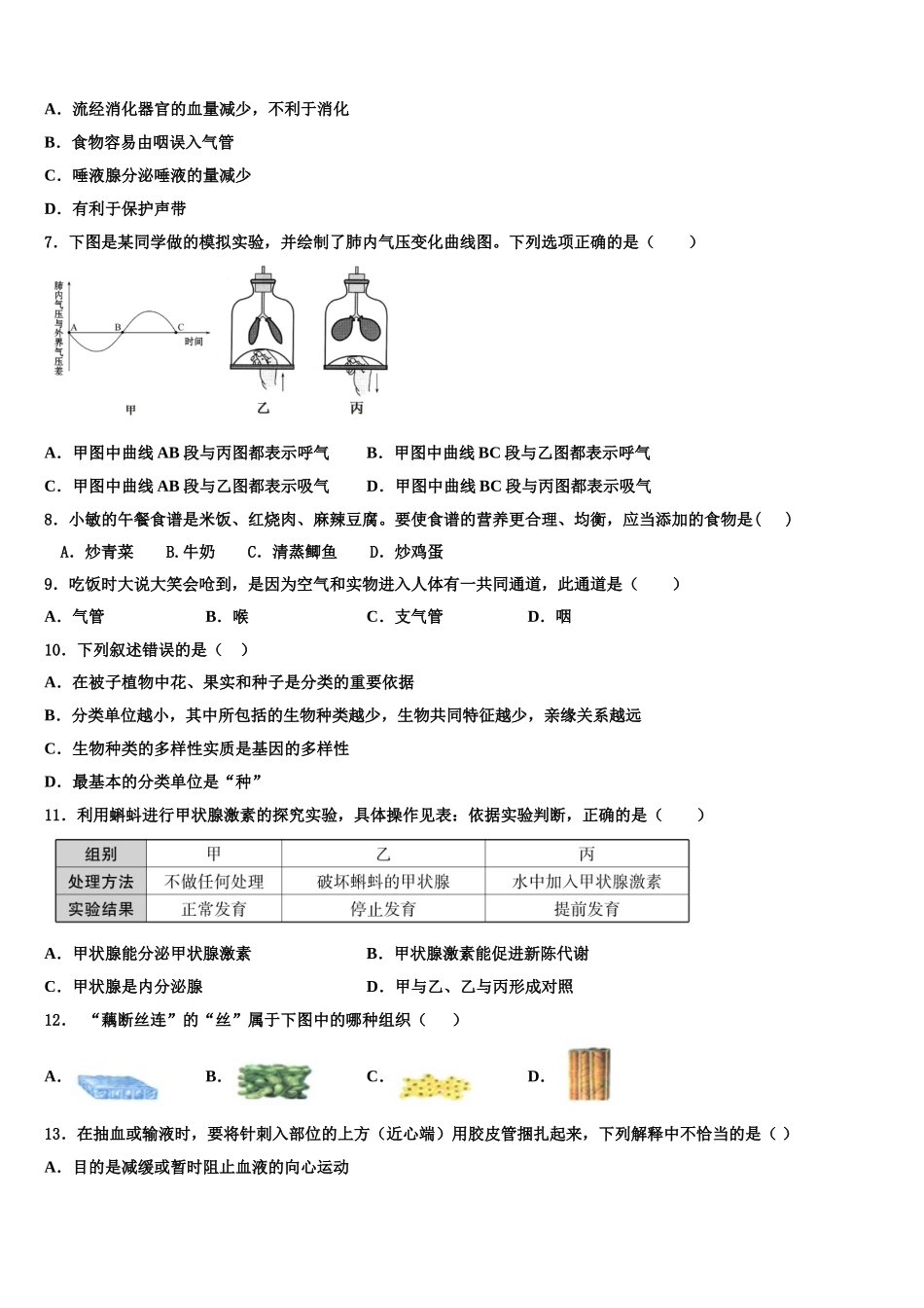 2024-2025学年开封市重点中学七下生物期末经典模拟试题含解析_第2页