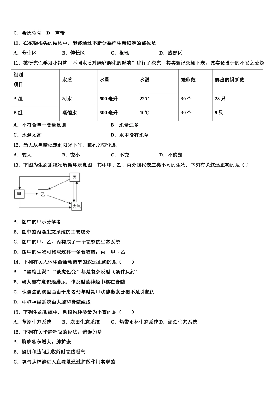 河南省安阳市内黄县2025年七下生物期末达标测试试题含解析_第2页