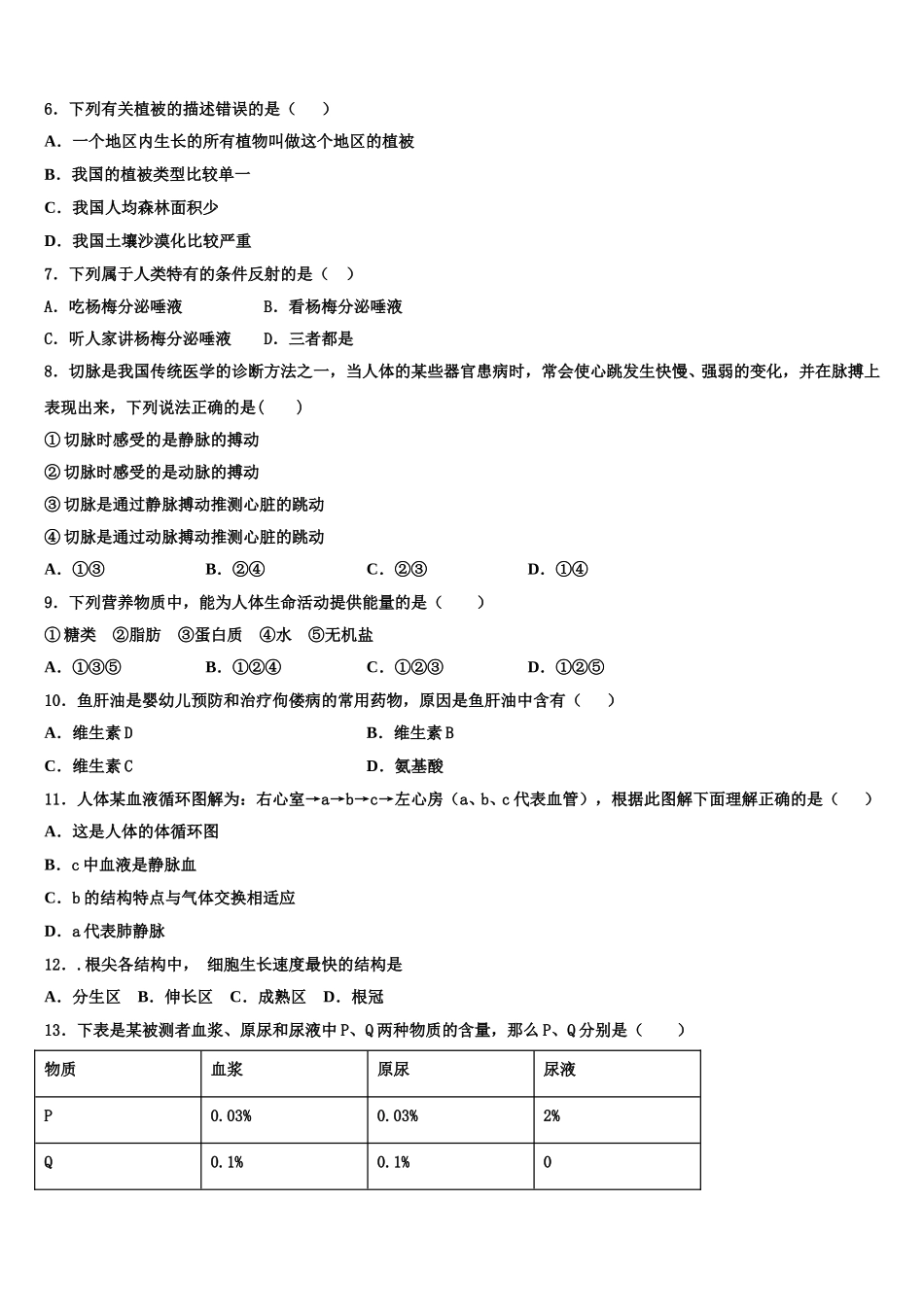 河南省许昌长葛市2025年生物七年级第二学期期末综合测试试题含解析_第2页