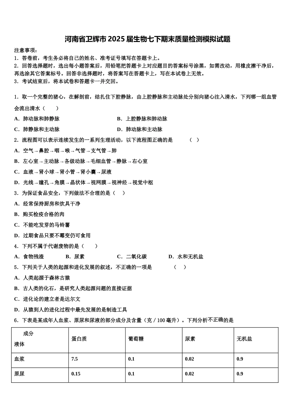 河南省卫辉市2025届生物七下期末质量检测模拟试题含解析_第1页
