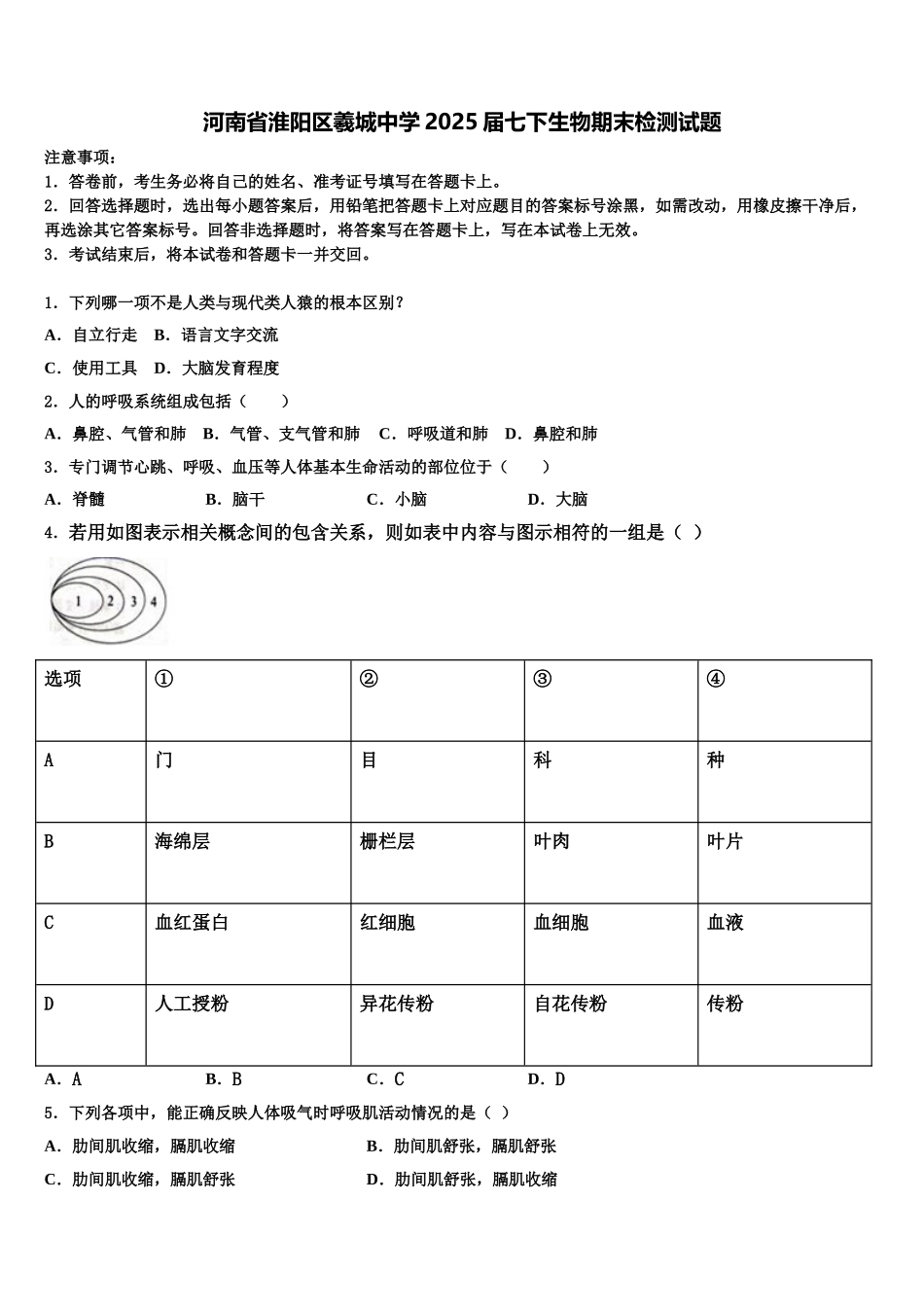 河南省淮阳区羲城中学2025届七下生物期末检测试题含解析_第1页