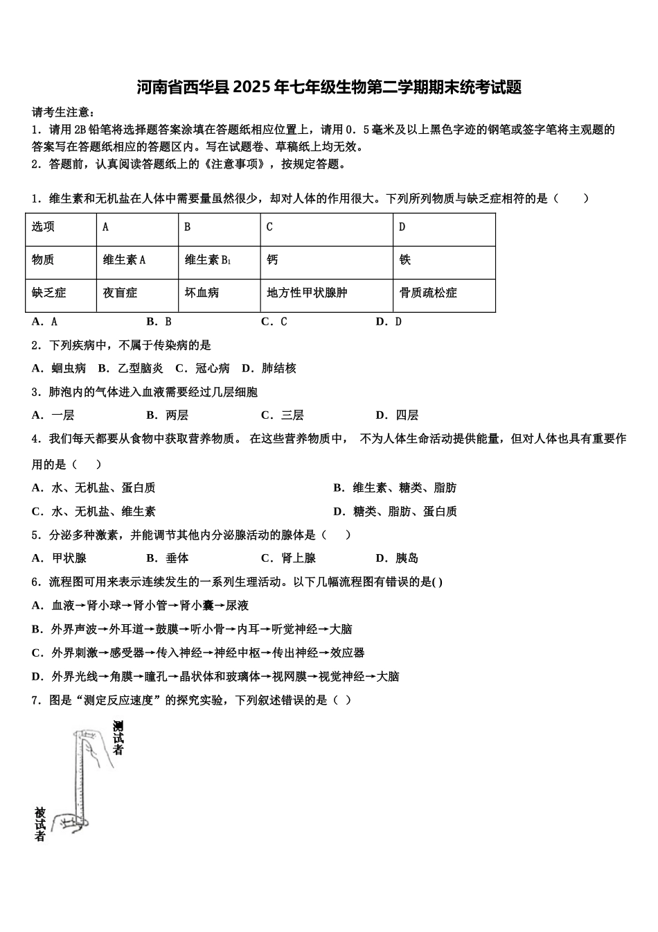河南省西华县2025年七年级生物第二学期期末统考试题含解析_第1页