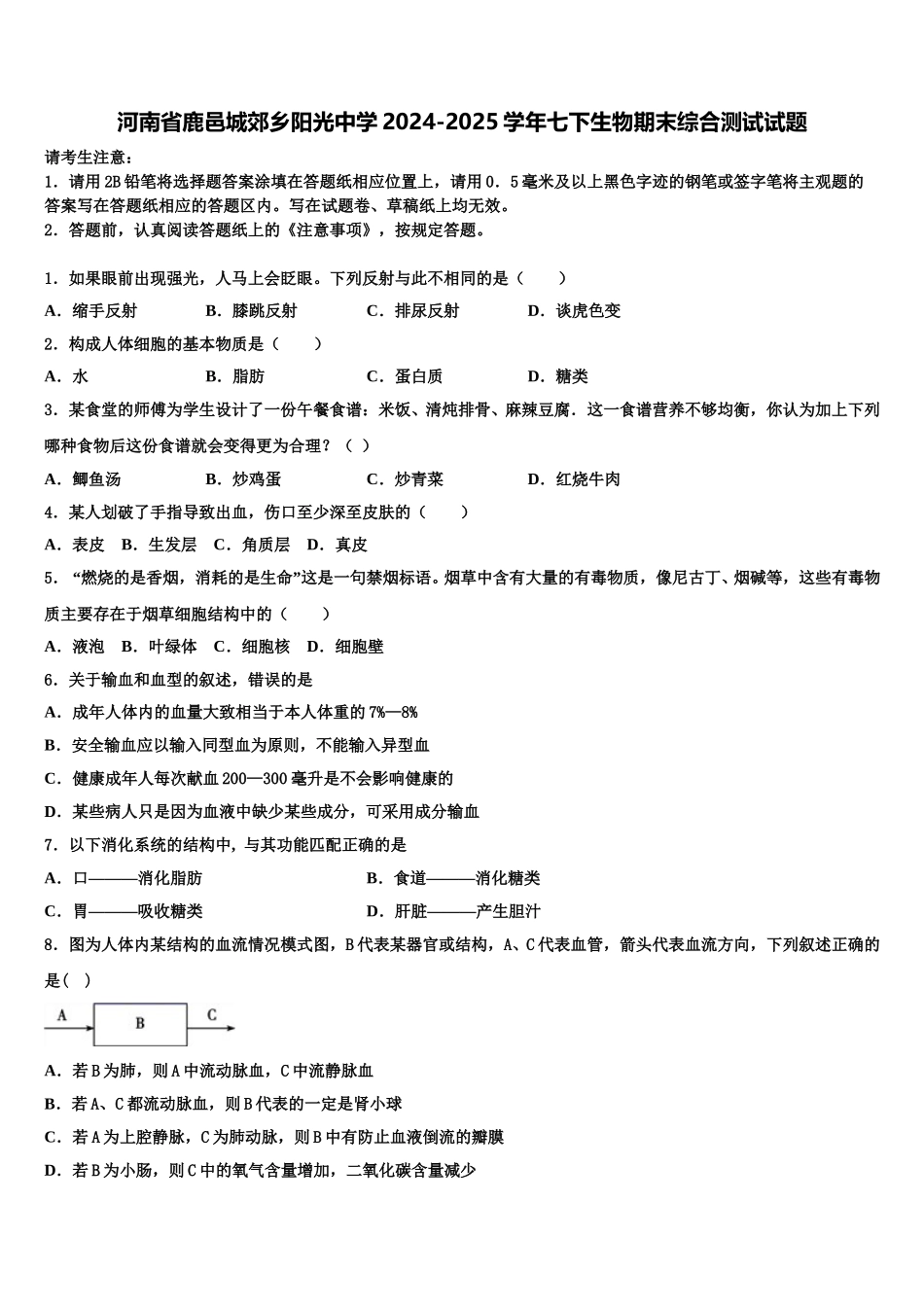 河南省鹿邑城郊乡阳光中学2024-2025学年七下生物期末综合测试试题含解析_第1页