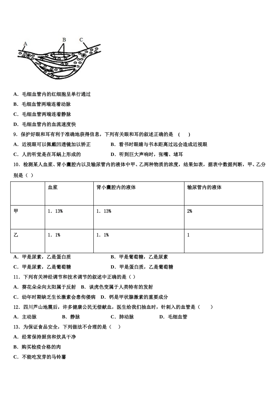 河南省周口市一中学2024-2025学年七下生物期末达标测试试题含解析_第2页