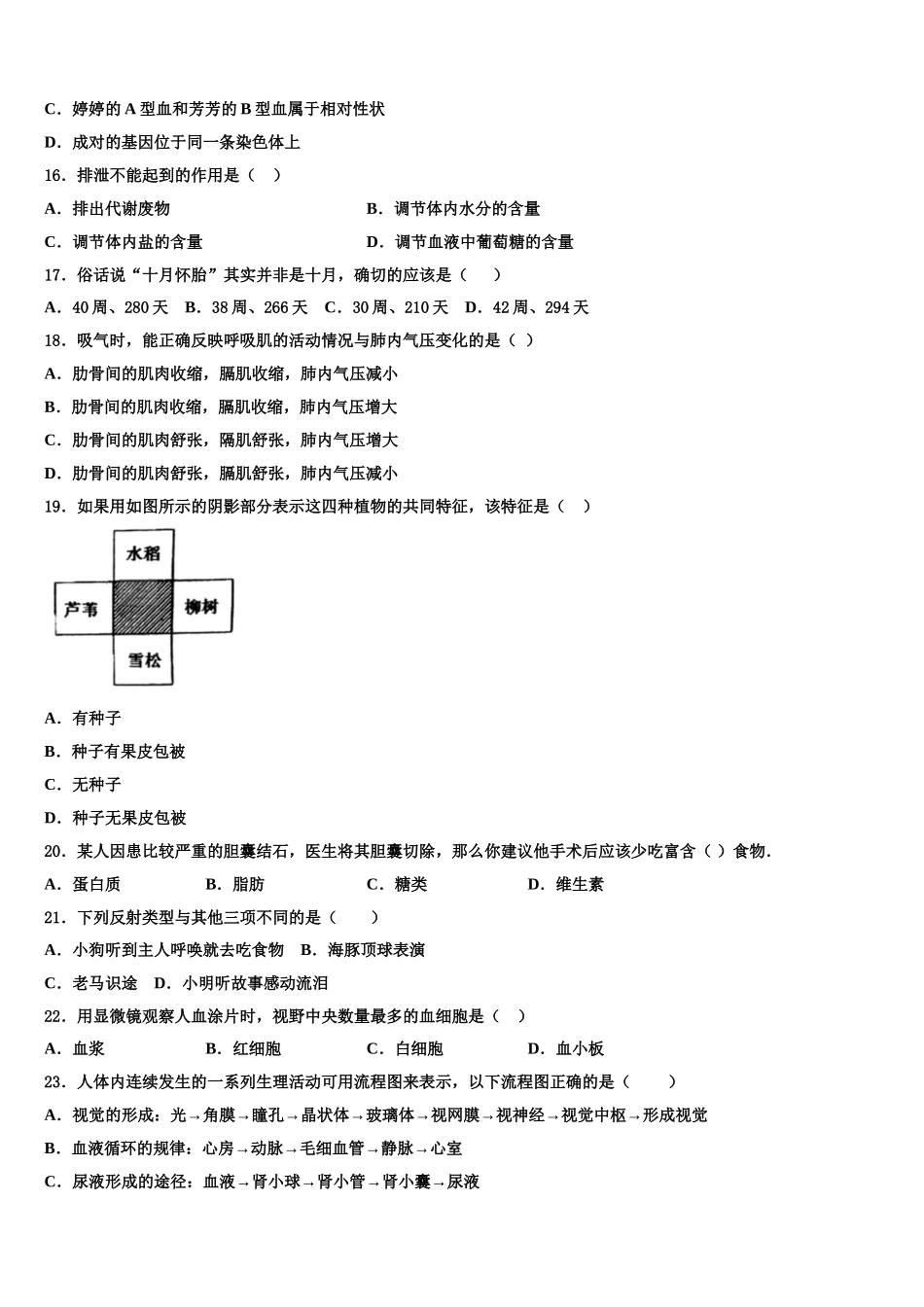 河南省信阳浉河区七校联考2025届七年级生物第二学期期末学业水平测试试题含解析_第3页
