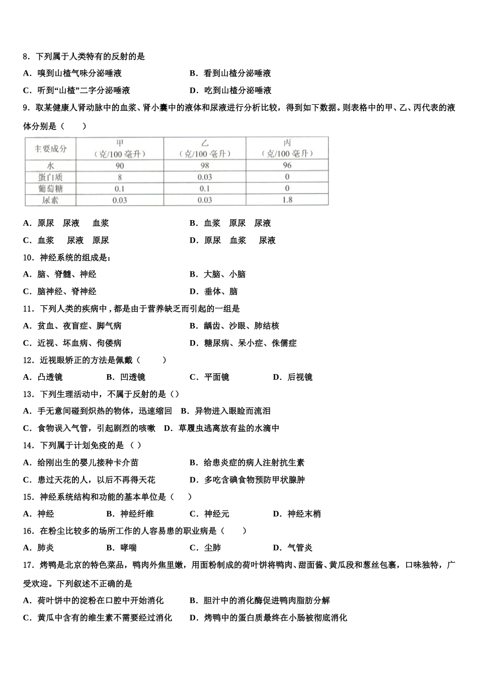 重庆八中学2025年生物七下期末调研试题含解析_第2页