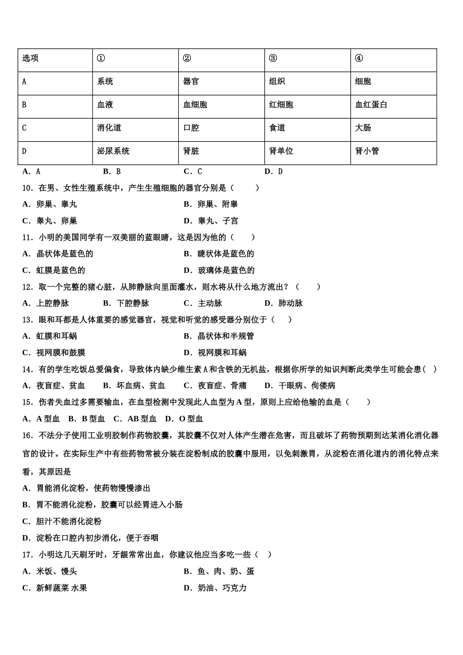 重市庆南开中学2024-2025学年生物七年级第二学期期末调研试题含解析_第2页