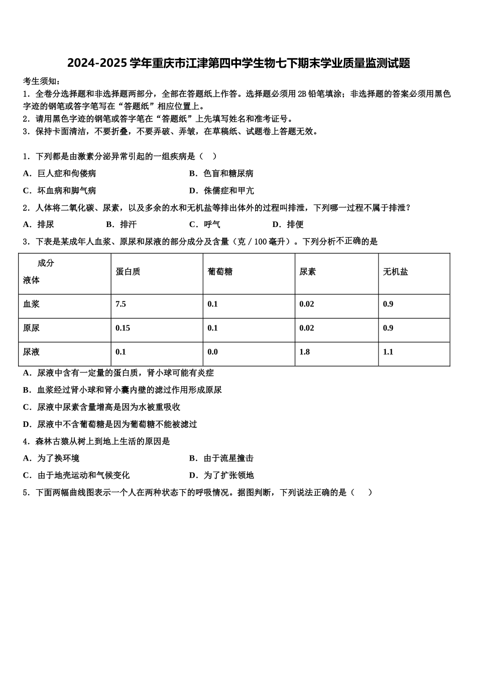 2024-2025学年重庆市江津第四中学生物七下期末学业质量监测试题含解析_第1页
