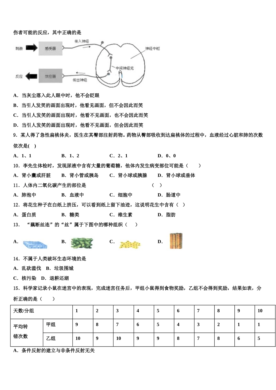2025届东省济宁市金乡县七年级生物第二学期期末质量跟踪监视模拟试题含解析_第2页