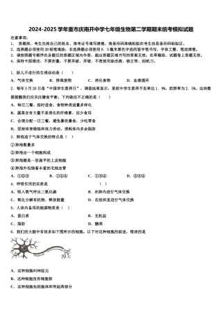 2024-2025学年重市庆南开中学七年级生物第二学期期末统考模拟试题含解析