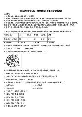 重庆实验学校2025届生物七下期末调研模拟试题含解析