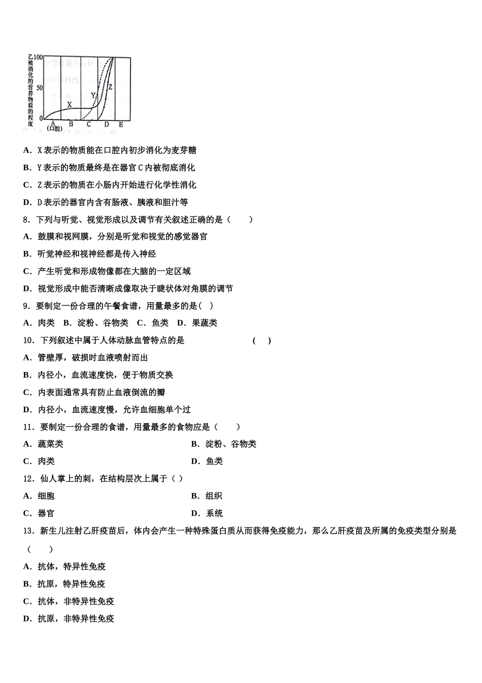 重庆市渝北区渝汉初级中学2024-2025学年七下生物期末综合测试试题含解析_第2页