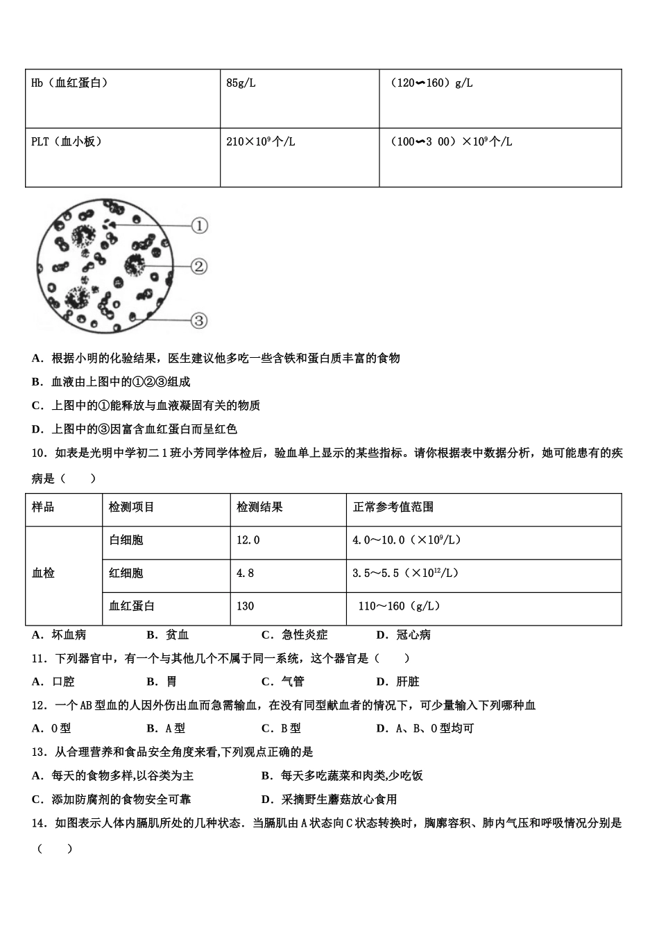 重庆市涪陵区涪陵第十九中学2025届七下生物期末质量跟踪监视模拟试题含解析_第3页