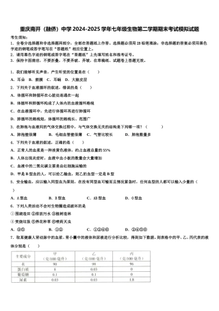 重庆南开（融侨）中学2024-2025学年七年级生物第二学期期末考试模拟试题含解析