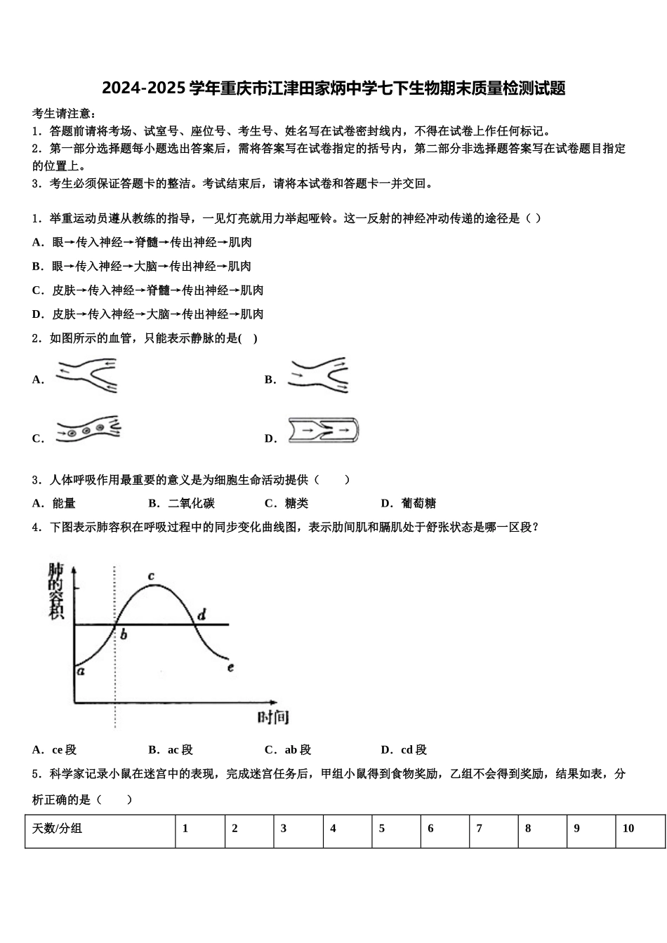 2024-2025学年重庆市江津田家炳中学七下生物期末质量检测试题含解析_第1页
