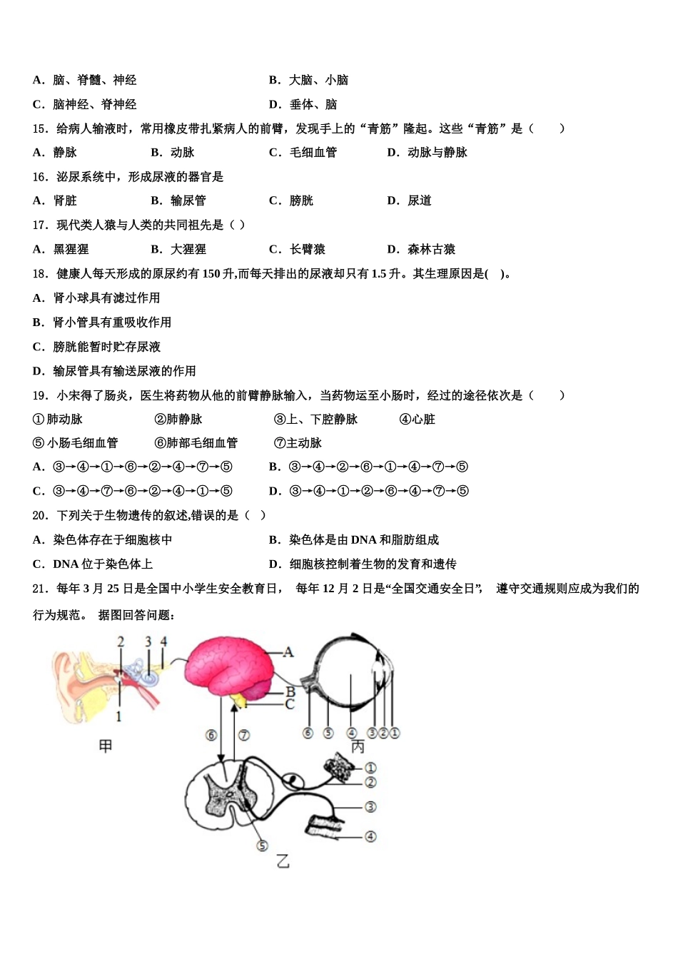 内蒙古呼伦贝尔市尼尔基第二中学2024-2025学年七下生物期末复习检测模拟试题含解析_第3页